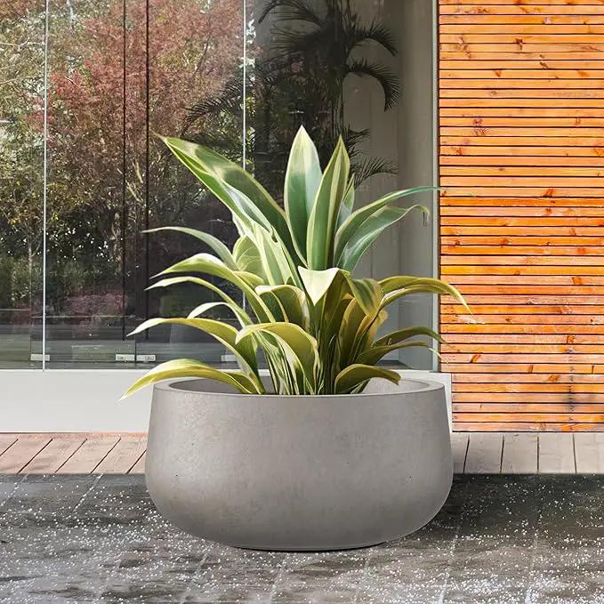 Kante 15.7" Dia Round Concrete Planter, Outdoor Indoor Garden Plant Pots with Drainage Hole and Rubber Plug, Modern Curvaceous Design, Weathered Concrete by GreenHaven Gardens
