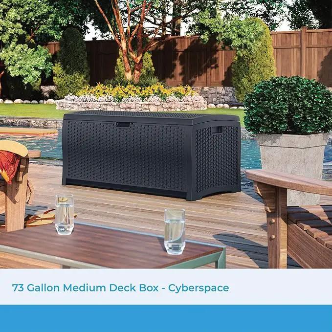 Suncast 73 Gallon Medium Resin Wicker Indoor/Outdoor Storage Box for Garden Tools, Pool Accessories, and Patio Cushions, Cyberspace by GreenHaven Gardens