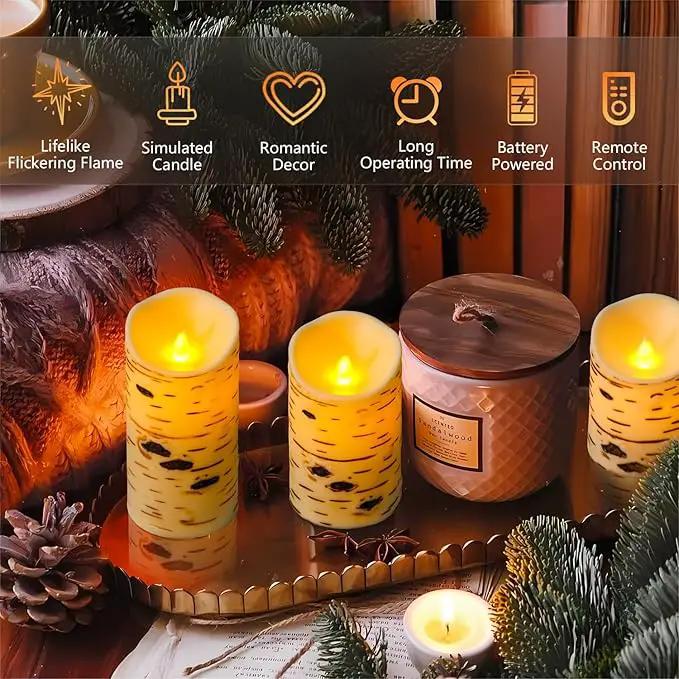 Metaku Flameless Candles Battery Operated Set of 3 Birch Bark LED Pillar Candles with Remote,3D Moving Wick Electric Decorative Candles for Christmas Party Wedding Home Bedroom,D 3"×H4 5" 6" by GreenHaven Gardens