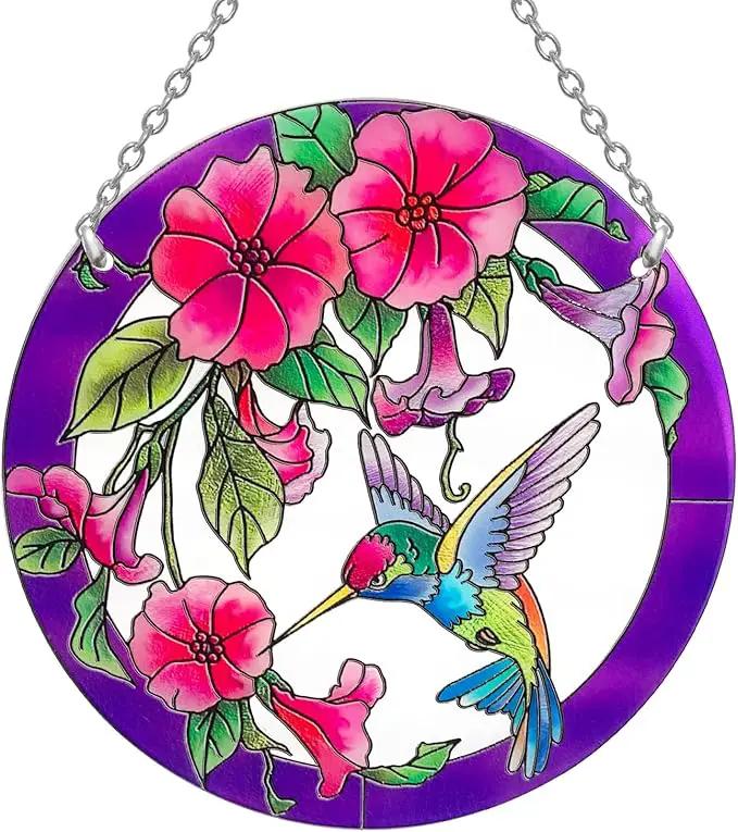 Stained Glass Window Hanging, Hummingbird Gifts for Women, Bird and Flowers Suncatcher for Window, 6" Purple Stained Glass Suncatchers, Hand Painted Glass for Birds Lover (6 inch) by GreenHaven Gardens
