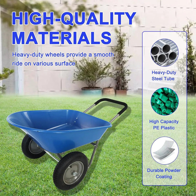 Dual Wheel Wheelbarrow, Heavy Duty Garden Cart, 300 lbs Capacity Utility Cart with Two 15 inches Pneumatic Tires for Outdoor Lawn Yard Farm Ranch (Blue) by GreenHaven Gardens