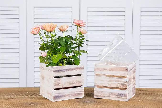 Wood Planter Box with Wine Crate Styled, 5 Inch Square, Whitewash, Plastic Liner, Garden Centerpiece Display, Wedding Flowers Holder, Home and Venue Decor (5x5 Wine Crate Set of 4, Whitewash) by GreenHaven Gardens