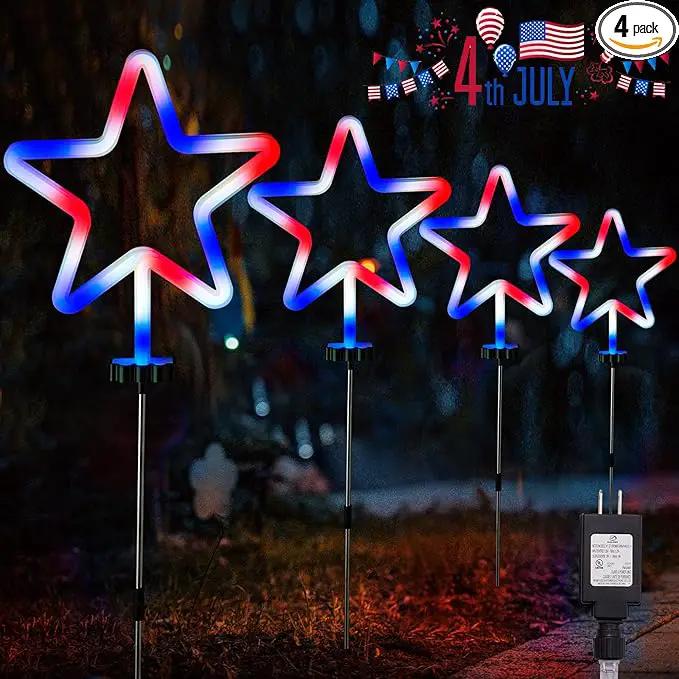 BlcTec 4th of July Decorations, 4PCS Red White and Blue Lights with Stainless Steel Stakes, 4 Big LED Neon Stars Patriotic Lights with Waterproof for Independence Day Garden Yard Lawn Decor, Plug in by GreenHaven Gardens