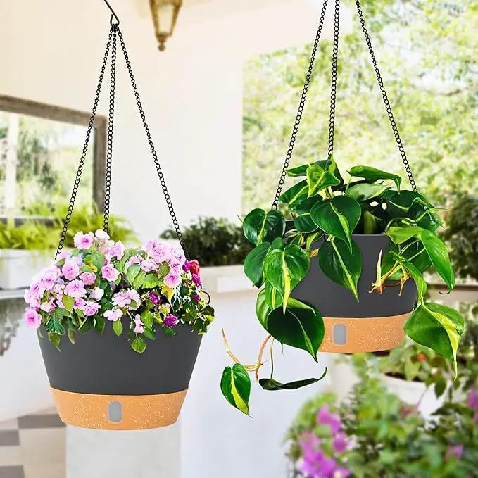 QCQHDU 2 Pack Hanging Planters for Indoor Outdoor Plants, 10 Inch Hanging Baskets Flower Pots with Reservoir Tray & Visible Water-Level by GreenHaven Gardens