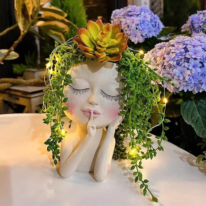 Solar Face Flower Pot,Head Planter Pot,with Led String Lights Succulent Planter Light,Warterproof Resin Cactus Planters,Cute Closed Eyes Lady Face Planter,for Indoor Outdoor Plant Garden Decor (Large) by GreenHaven Gardens