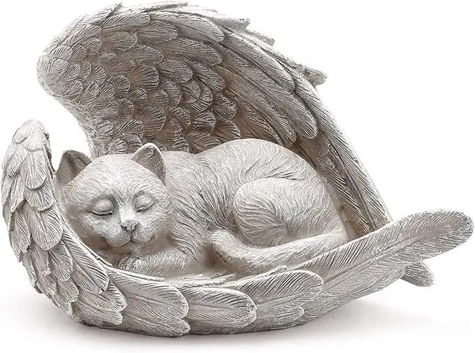 Sleeping Cat Within Angel Wings 8.5 x 5.5 Resin Stone Pet Memorial Figurine, Concrete Grey by GreenHaven Gardens