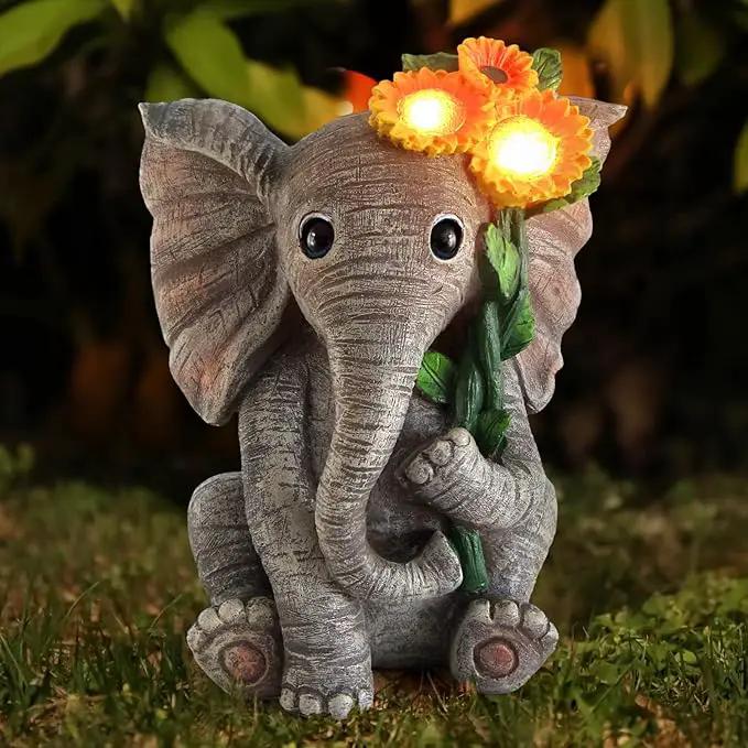 Outdoor Sculpture Figurine Statue Elephant Decor,Solar Garden Statues for Patio Home Yard Decor,Good Luck Sunflower Elephant for Women, Mom Gifts Housewarming Gift by GreenHaven Gardens