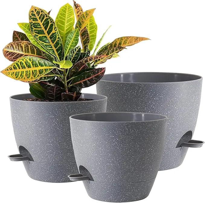 10/9/8 inch Self Watering Pots, Set of 3 Plastic Planters with Mesh Drainage Holes and Deep Reservoir for Indoor Outdoor Garden Plants and Flowers, Grey Speckles by GreenHaven Gardens