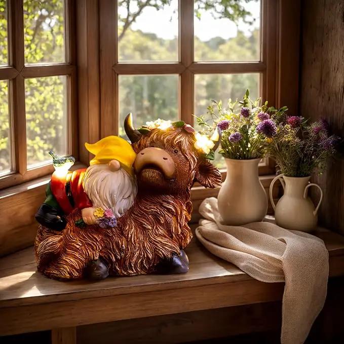 Garden Gnome Statue - Highland Cow with Solar Flower LED Lights and Bird - Funny Outdoor Decor for Table, Patio, Lawn - Unique Birthday Gifts for Mom, Women, and Christmas Decorations by GreenHaven Gardens