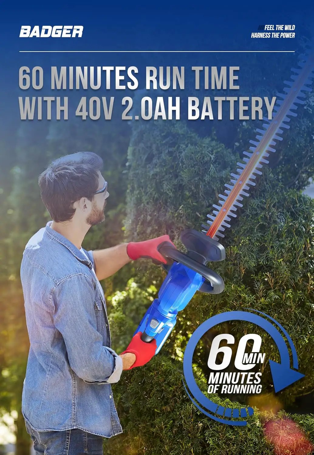 WILD BADGER POWER Hedge Trimmer 40V 24” Cordless, Powerful Electric Hedge Trimmer, 2.0Ah Battery and Charger Included by GreenHaven Gardens