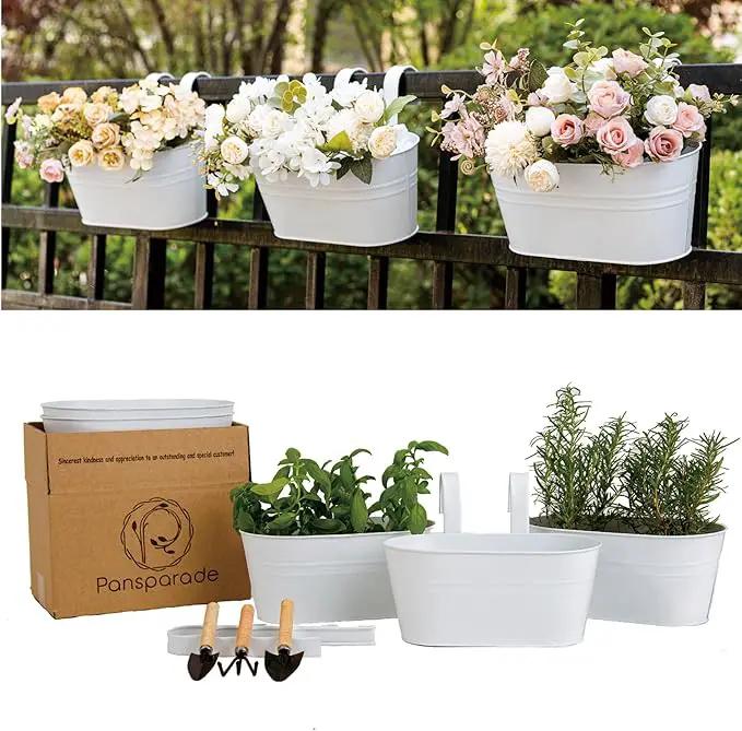 5 Pack Metal Hanging Flower Pots for Railing Fence，Outdoor Balcony Rail Planter with Garden Tools Detachable Hooks Drainage Holes for Deck Garden Home Decor White by GreenHaven Gardens
