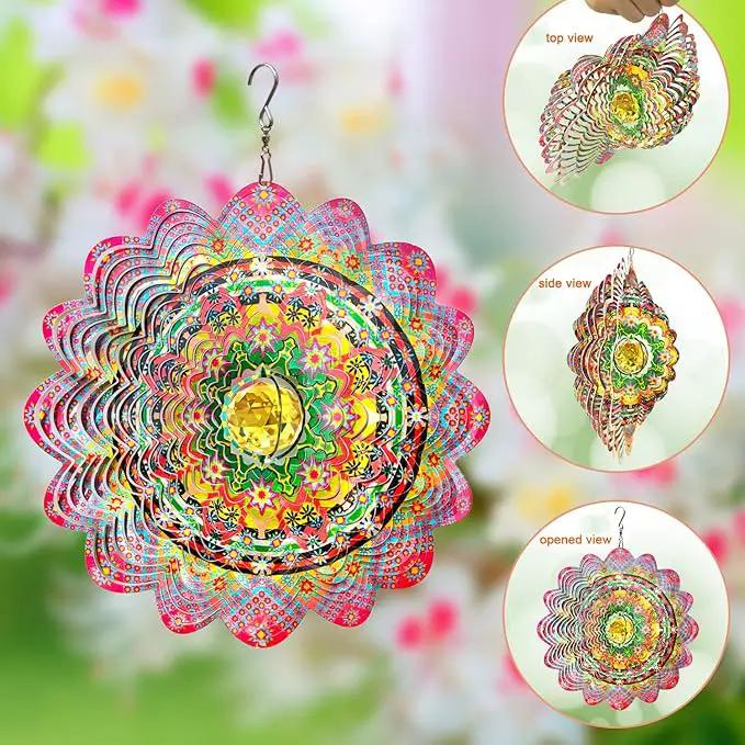 FONMY Mandala Wind Spinner w/Crystal Ball-Romatic Flower 3D Stainless Steel Hanging Spinners Worth Gift Christmas Decoration Indoor/Outdoor Garden Décor Kinetic Yard Art 12 Inches Wind Sculpture by GreenHaven Gardens