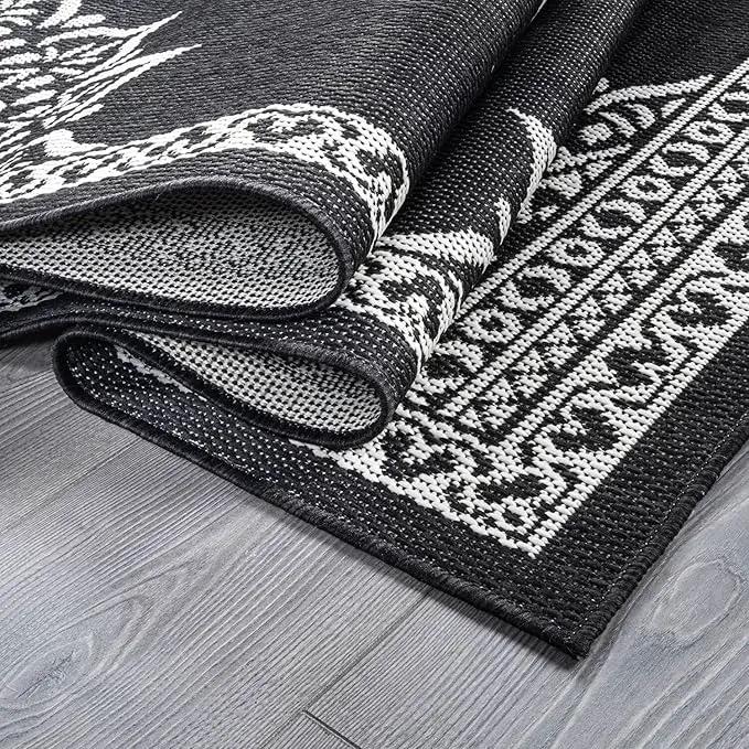 CAMILSON Outdoor Rug, 5x7 Medallion Black White Modern Area Rugs for Indoor and Outdoor Patios, Kitchen and Hallway Mats, Washable Porch Deck Outside Carpet (Medallion Black, 5 x 7) by GreenHaven Gardens