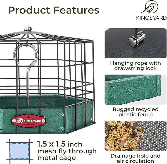 Kingsyard Squirrel Proof Platform Bird Feeders for Outdoor Hanging, Caged Bird Feeder for Small Wildbirds, Recycled Plastic Feeding Platform with Metal Seed Tray, Green by GreenHaven Gardens
