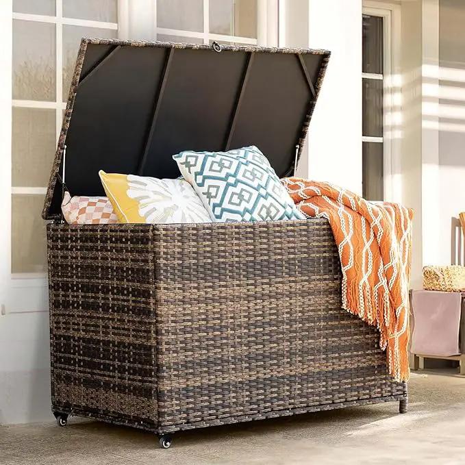 178 Gallon Outdoor Storage Box, Handle Large Portable Wicker Rattan Deck Box for Patio Furniture Cushions, Patio Deck Box with 2 WheelsThrow Pillows, Garden Tools and Pool Floats (Brown) by GreenHaven Gardens