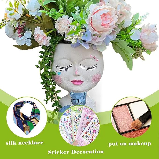 Face Plant Pots Head Planters - Face Flower Pot Head Planter with Cat, Succulent Pots with Drainage Hole, Resin Lady Planter for Indoor Outdoor, Home Decor, Mother's Day/Women Gifts by GreenHaven Gardens