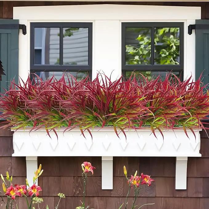 Uieke 28 Bundles Artificial Outdoor Plants UV Resistant Fake Grass Plants Faux Plastic Plants Greenery Shrubs for Home Garden Pathway Window Box Front Porch Summer Fall Decor, Deep Red by GreenHaven Gardens