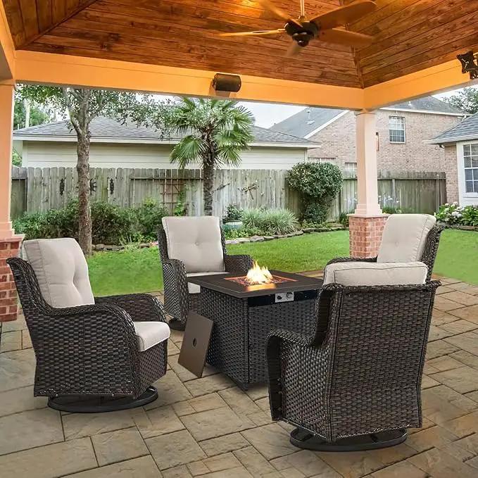 5 Pieces Patio Wicker Furniture Set - 4 Outdoor Swivel Rocker Glider Chairs with Propane Fire Pit Table, Warm Patio Conversation Set Beige Cushion Perfect for Casual Gathering by GreenHaven Gardens