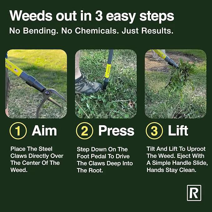 Rocklin™ Stand Up Weed Puller Tool - 4 Claw Steel Head - 48 inch Handle - 100% Metal - Easily Remove Weeds Without Bending or Kneeling (WeedPuller2.0) by GreenHaven Gardens