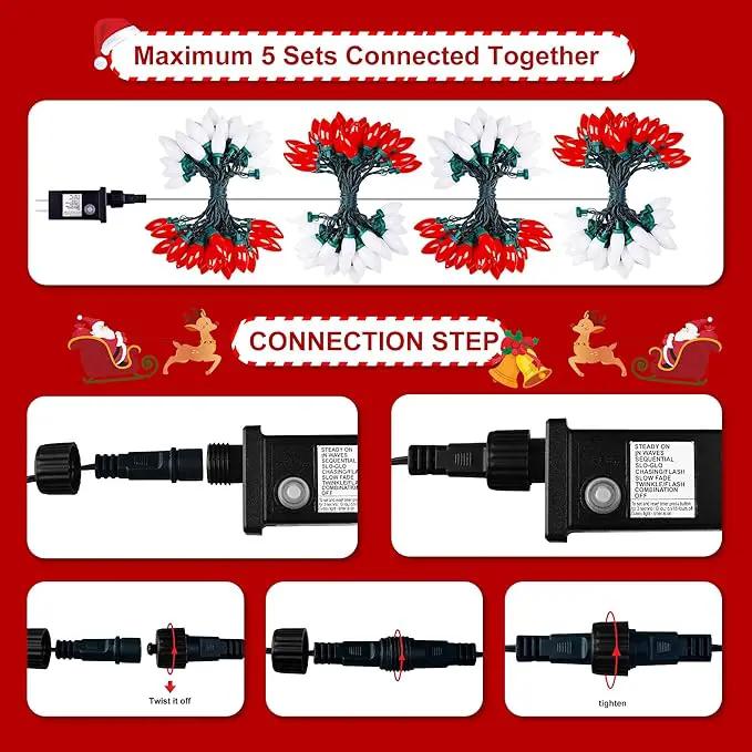 C9 Bulbs Classic Christmas Lights - 50 LED 32ft Strawberry String Light Red&White - Extendable 8 Modes Funtion with Timer Fairy Lighting for Outdoor, Indoor, Party, Home, Tree Decorations by GreenHaven Gardens