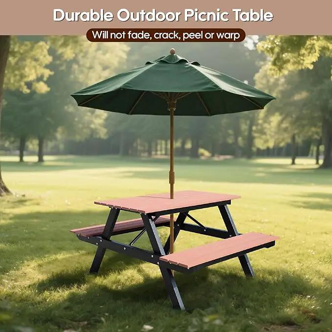 6FT Outdoor Picnic Table and Bench Set with 2" Umbrella Hole, WPC Tabletop Seattop Patio Dining Set for 6 People, Outdoor Dining Table and Chair for Park Garden Yard Patio- Brown by GreenHaven Gardens