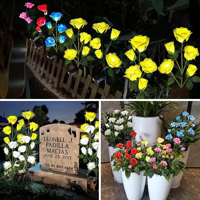 Solar Garden Lights, Solar Outdoor Lights with More Realistic 10 Rose Waterproof Solar Powered Flowers Lights for Outside Patio Yard Pathway Decorations, 2 Pack Yellow by GreenHaven Gardens