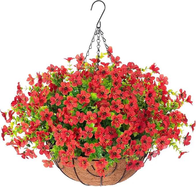 Artificial Fake Hanging Red Plants Flowers Basket for Outdoor Fall Winter Christmas, Faux Silk Daisy Mums Look Real UV Resistant for Outside Porch Home Patio Garden Yard Decoration by GreenHaven Gardens