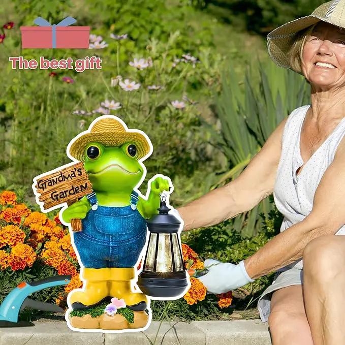 Frog Garden Statue with Solar Light, Gardener Frog Decoration with Solar Lantern Light for Home, Outdoor, Garden, Patio and Yard Decor, Best Gifts for Mom/Grandma, Grandma's Garden by GreenHaven Gardens