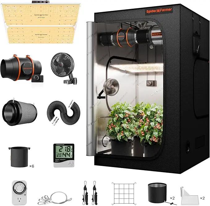 Spider Farmer Grow Tent Kit Complete 4x4ft SF4000 Dimmable Samsung LM301H EVO LED Diodes, 450W Complete System 4x4x6.6 Grow Tent Set 48"x48"x80" with 6" Ventilation System & 6'' Clip Fan by GreenHaven Gardens