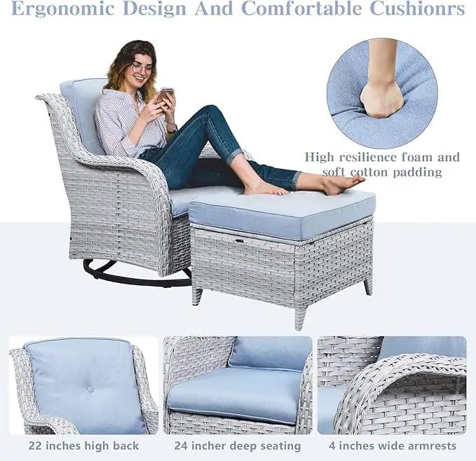 Wicker Outdoor Furniture Patio Furniture Set - 6 Piece Patio Conversation Set with Swivel Rocker Chairs, Loveseat Sofa, Ottomans and Coffee Table, Baby Blue Cushion by GreenHaven Gardens