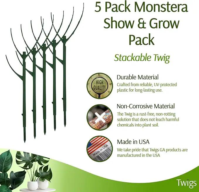 Stackable Monstera Plant Support Stakes, Climbing Plants Support Structures for Indoor & Outdoor Use, Garden Accessories, Alternative to Moss Pole - Monstera Green, 5 Pack, 17" L by GreenHaven Gardens