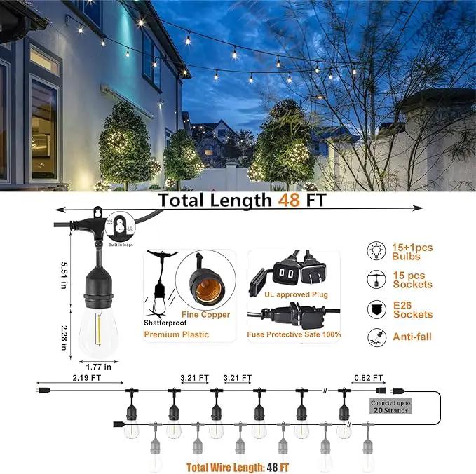 Achin Outdoor String Lights 48FT Dimmable Warm 2200K LED Patio Lights Outdoor Waterproof with 16 Plastic Bulbs Shatterproof String Lights for Outside Deck Gazebo Bistro Lights by GreenHaven Gardens
