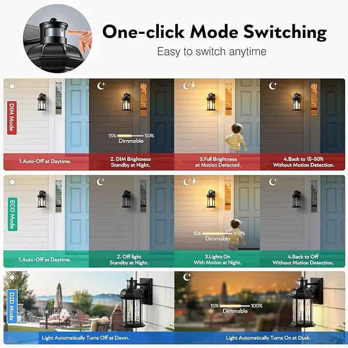 VIANIS Dusk to Dawn Motion Sensor Outdoor Porch Lights, Modern Black Exterior Porch Light Fixtures Wall Mount, Anti-Rust Aluminum Waterproof Wall Lantern With Tempered Ripple Glass For Garage Entryway by GreenHaven Gardens