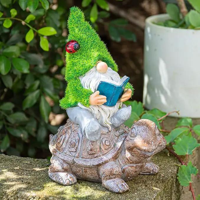 Garden Gnome Sitting on Turtle Outdoor Statues and Sculpture with Solar Lights, Garden Gnome Solar Statues and Turtle Figurines for Patio Yard Lawn Porch Decorations by GreenHaven Gardens