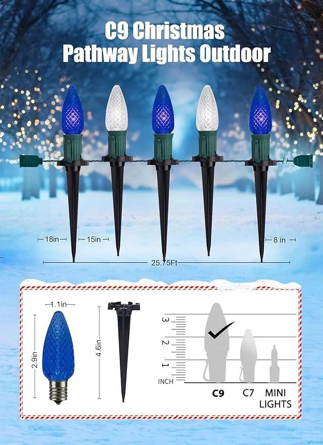 C9 LED Christmas Lights Outdoor with stakes, 25.7ft 20 LED Strawberry String Lights, Connectable Shatterproof Pathway Lights Marker for Path, Lane, Patio, Xmas Holiday Decorations, Blue and White by GreenHaven Gardens