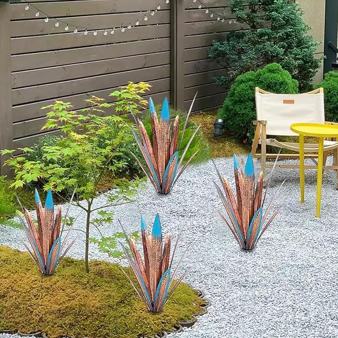 Jesokiibo Tequila Rustic Sculpture DIY Metal Agave Plant Home Decor Rustic Hand Painted Metal Agave Garden Ornaments Outdoor Decor Figurines Home Yard Decorations Stakes Lawn Ornaments (Blue 4PCS) by GreenHaven Gardens