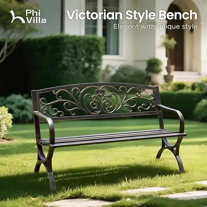 PHI VILLA 50Inch Cast Iron Steel Frame Garden Bench Patio Furniture Chair Outdoor Bench w/Floral Design Backrest, Slatted Seat for Park, Yard & Porch, Bronze by GreenHaven Gardens