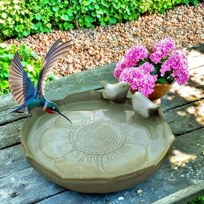 Bird Bath for Outside on Ground, 10 in Ceramic Birds Bath Bowl, Handmade Ground Bird Feeders and birdbath for Outdoors for Outdoors, Garden, Tabletop, Balcony and Lawn (Big - shallow) by GreenHaven Gardens