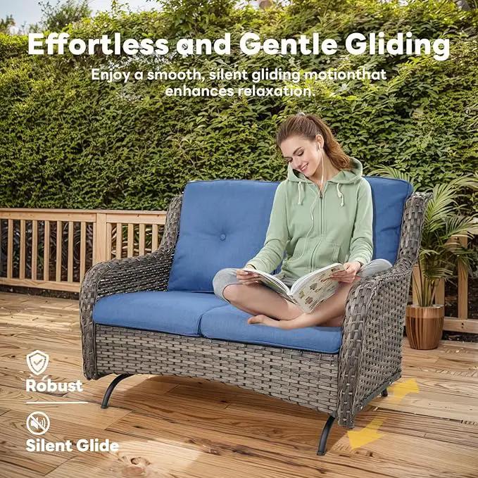4 Piece Patio Furniture Set - Outdoor Glider Bench with Swivel Rocker Chairs and Coffee Table, High Back Small Outdoor Conversation Furniture Sets for Deck Sunroom Balcony Backyard by GreenHaven Gardens