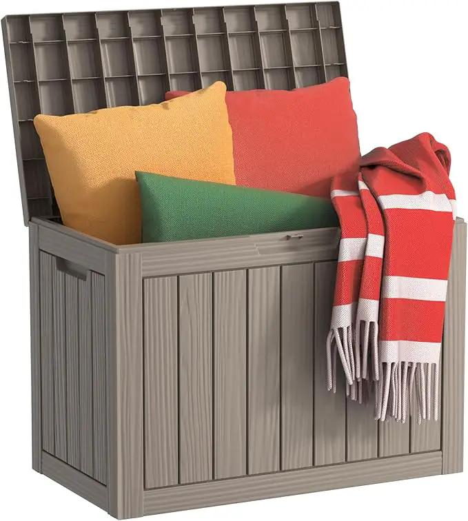 DRATO 45 Gallon Deck Box, Outdoor Storage Box for Patio Furniture, Patio Cushions, Gardening Tools, Pool Supplies 480lbs Weight Capacity,Waterproof Resin Storage Boxes (Light Brown, 45Gal) by GreenHaven Gardens