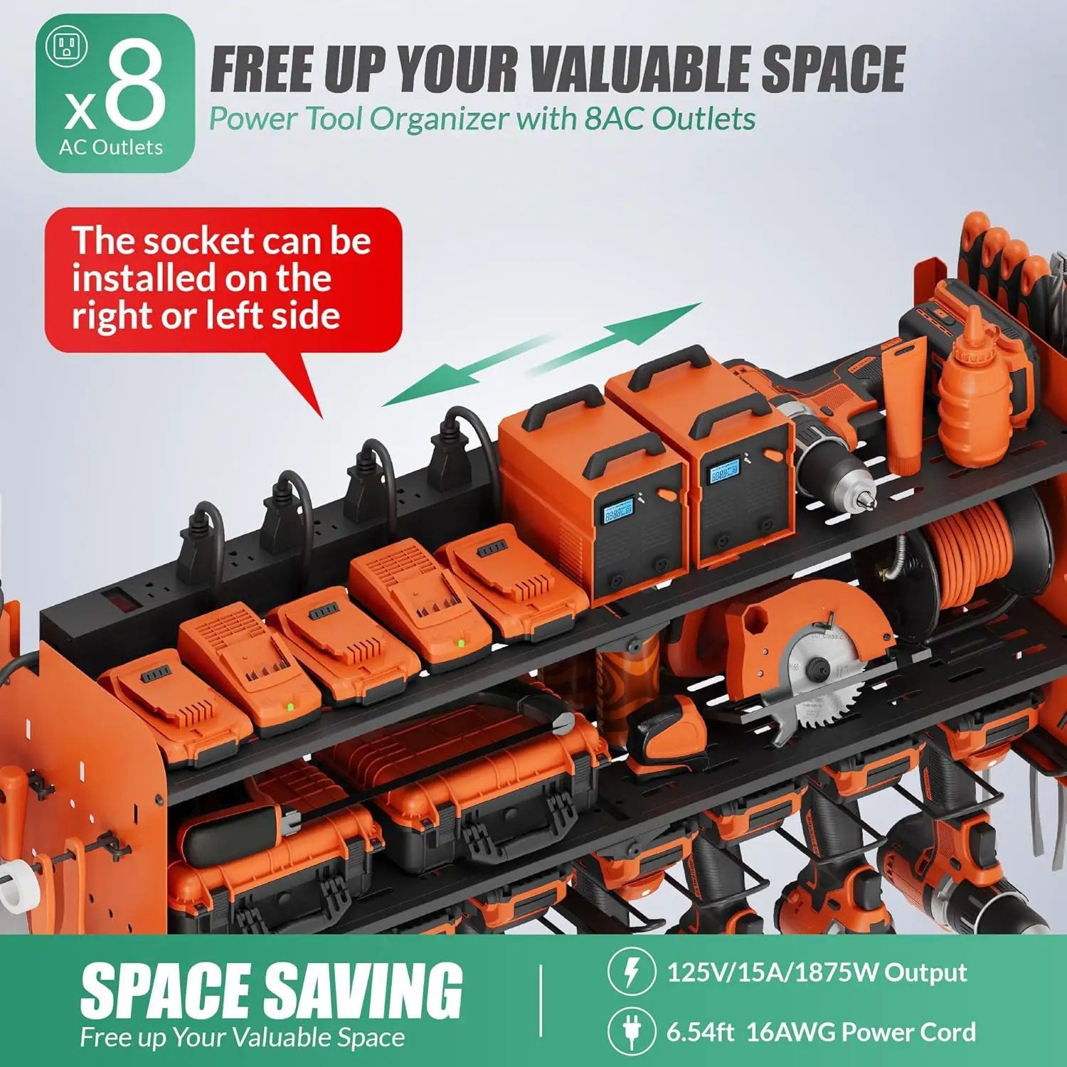 Suchtale Power Tool Organizer with Charging Station,33.2''Garage 8 Drill Holders Wall Mount,3 Layers Heavy Duty Metal Tool Shelf with 8 Outlets Power Strip, Gift for Men, Father, Orange by GreenHaven Gardens