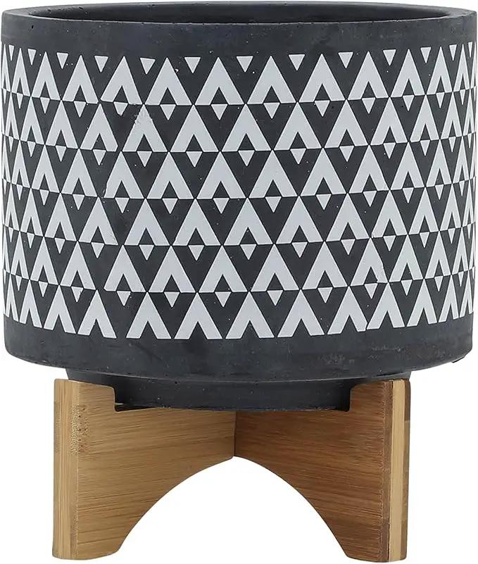 Sagebook Home 9" H 8" Diameter Dark Gray and Ivory Aztec Design Ceramic Planter with Solid Rubberwood Stand for Living Room, Bedroom, or Office by GreenHaven Gardens