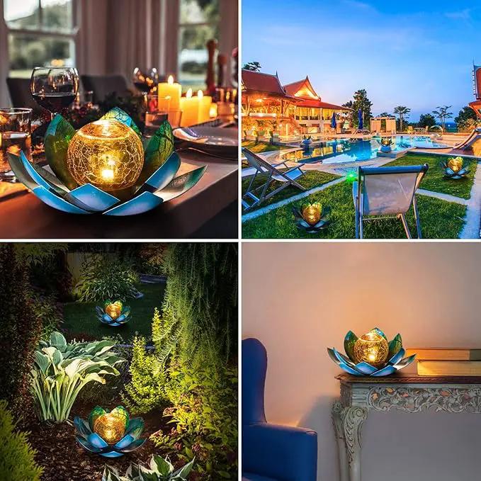 Solar Light Outdoor(2Pack), Art Crackle Globe Glass Lotus Decoration, Solar LED Waterproof Blue Metal Flower Lights for Patio,Lawn,Walkway,Tabletop by GreenHaven Gardens
