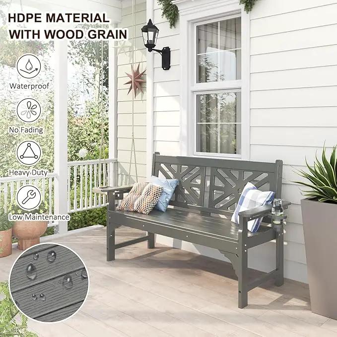 nalone Outdoor Bench with Cup Holders, HDPE All Weather Porch Bench Load up to 800 Lbs, 2-Person Garden Benches Rot-Proof Fade Proof for Patio, Porch, and Park (Grey) by GreenHaven Gardens