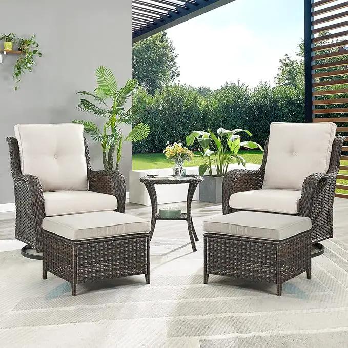 Outdoor Wicker Patio Furniture Set - 5 Pieces Rattan Patio Conversation Set with 2 Rocking Swivel Chairs,2 Ottomans and 1 Side Table for Porch Deck Backyard Garden(Brown/Beige) by GreenHaven Gardens