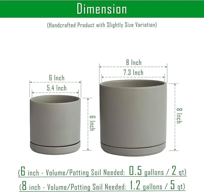D'vine Dev 6 Inch & 8 Inch Ceramic Planter Pots for Plants with Drainage Hole and Saucer, Medium Plant Pots Set, Grey, 94-G-M-3 by GreenHaven Gardens
