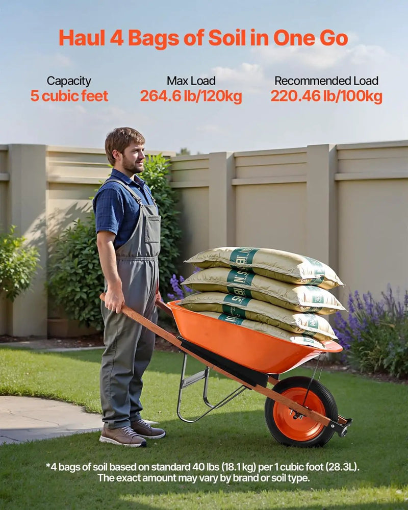 VEVOR Wheelbarrow Cart, 5 Cu. Ft. Load & 265 lbs Capacity, One Wheel Garden Dump Cart, Garden Wagon with Metal Handle & 16" Wide Track Wheels, Easy Loading Utility Yard Cart & Wagons for Lawn Farm by GreenHaven Gardens