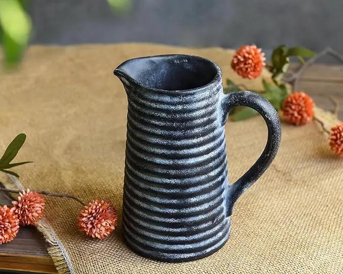 Quoowiit Ceramic Rustic Vase with Handle, Black Distressed Decorative Farmhouse Pitcher Vase for Home Decor Living Room Bedroom Kitchen Office Shelf Decor Centerpiece Table Decoration by GreenHaven Gardens