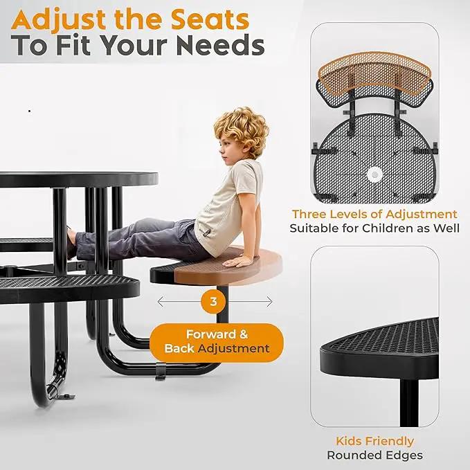 Metal Picnic Tables for Outdoors with Umbrella Hole - Coated Steel Heavy Duty Commercial Grade Table with Adjustable Seats (Black, 38 in, Round, Expanded Steel) by GreenHaven Gardens