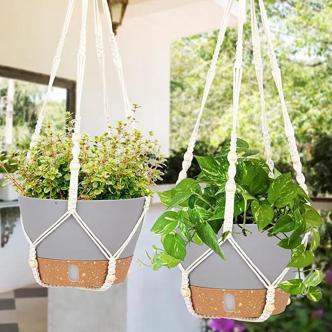 QCQHDU 2 Pack Hanging Planters for Indoor Plants, Outdoor Hanging Baskets, Self Watering Pots with Drainage Holes & Removable Tray (Light Grey, 8 inch, Macrame Hanger) by GreenHaven Gardens